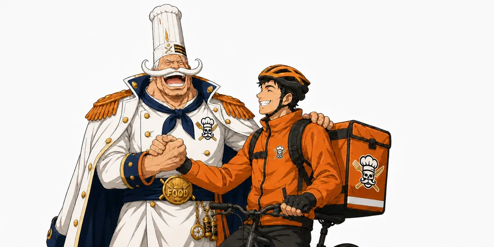 Le Capitaine Food serre chaleureusement la main d'un livreur à vélo souriant, sac de livraison sur le dos