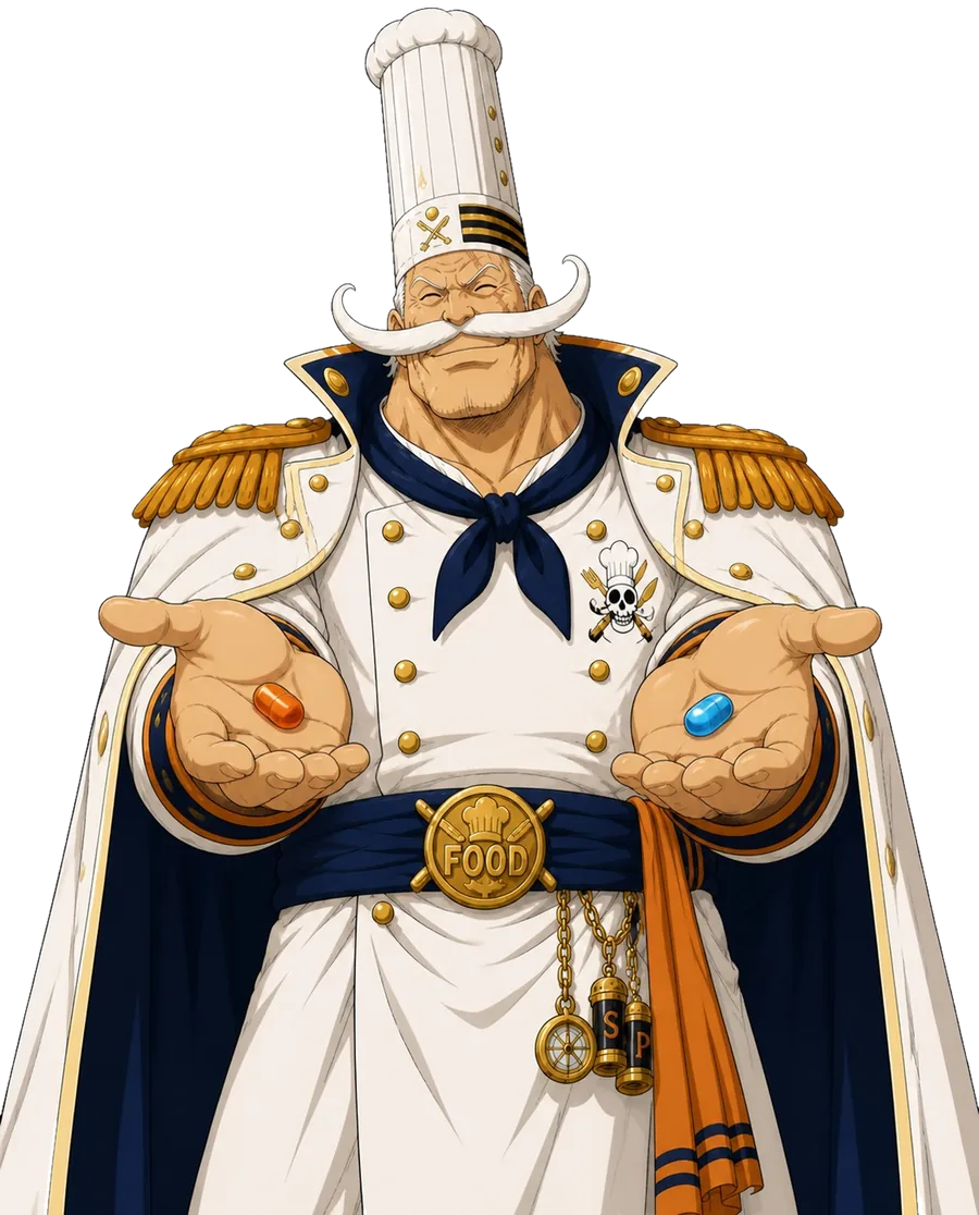 Le Capitaine Food tend deux pilules — une orange, une bleue — le choix entre deux modèles