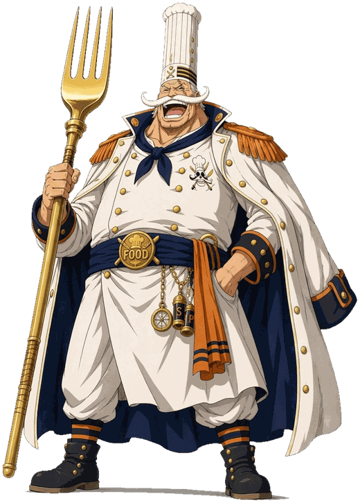 Le Capitaine Food, chef à la toque et à la grande moustache blanche, brandissant une fourchette dorée